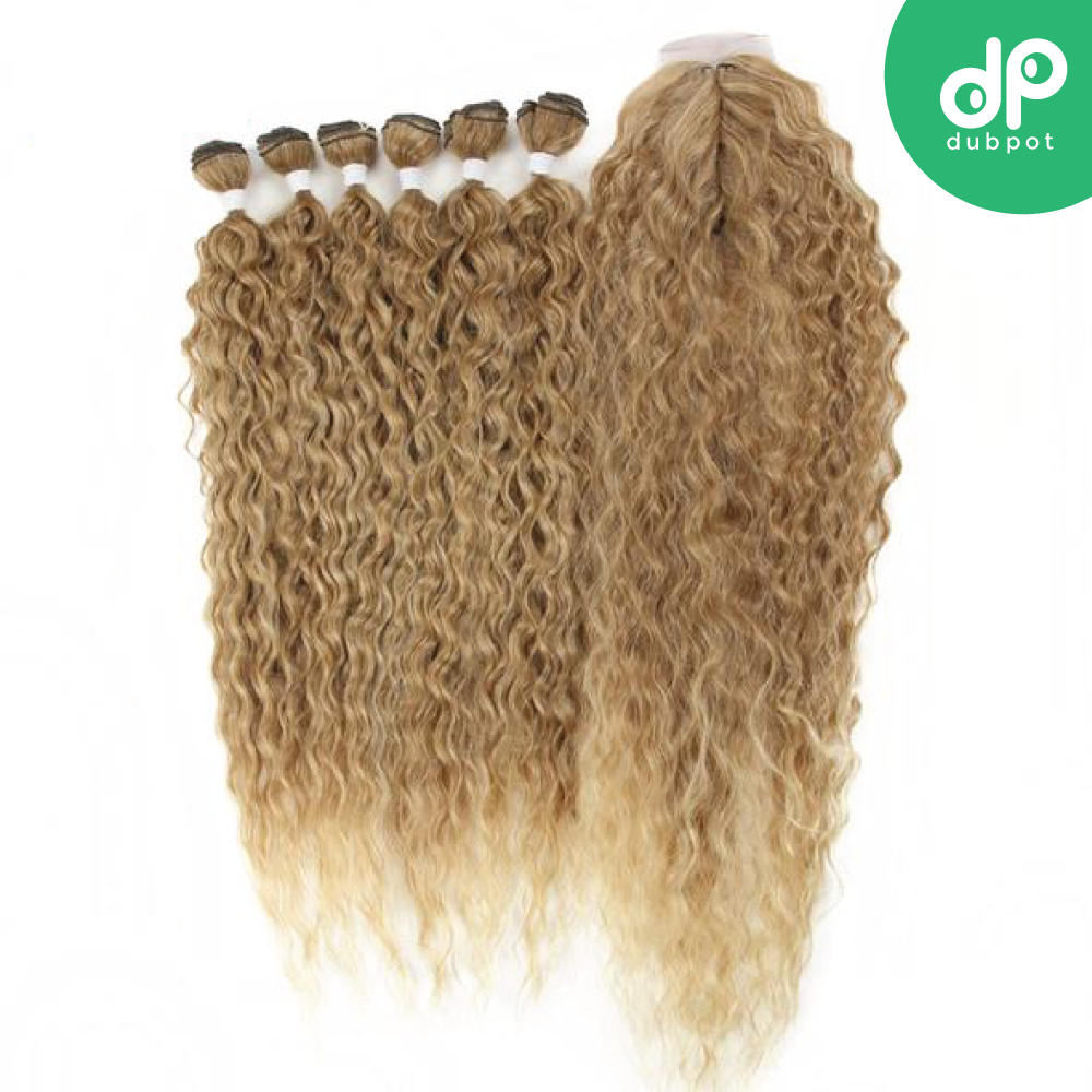 Dubpot Afro Kinky Curly Hair Bundles Extensions With Closure Ombre Golden 30inch Soft Super Long Hair Synthetic Wave Hair