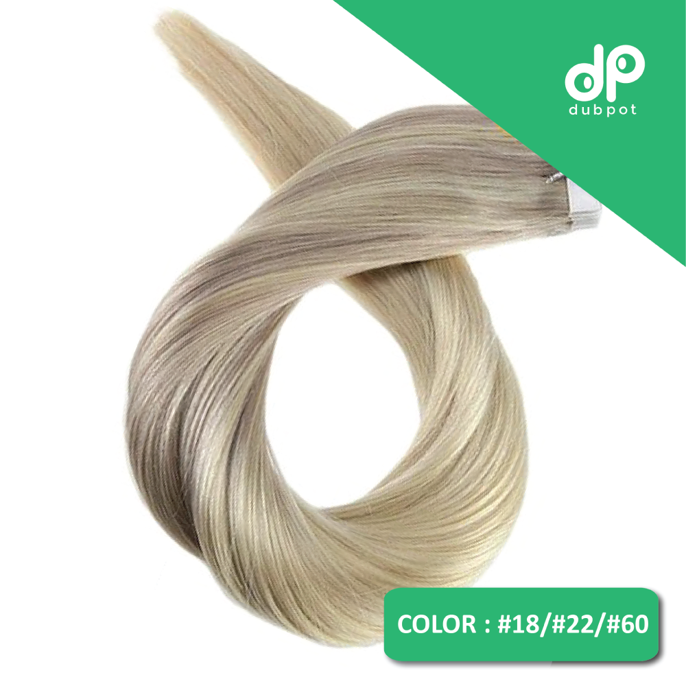 Dubpot Machine Remy Tape in Hair Extensions Balayage Ombre #18 Fading to #22 and #60 Blonde Natural Hair Extensions