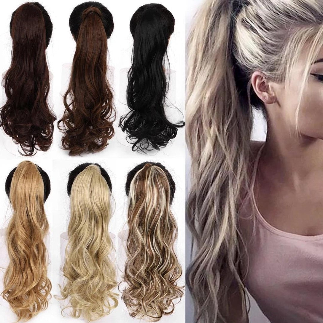 Long Wavy Wrap Around Clip In WTB 22" Ponytail Hair Extension Heat Resistant Synthetic Natural Wave Pony Tail Fake Hair