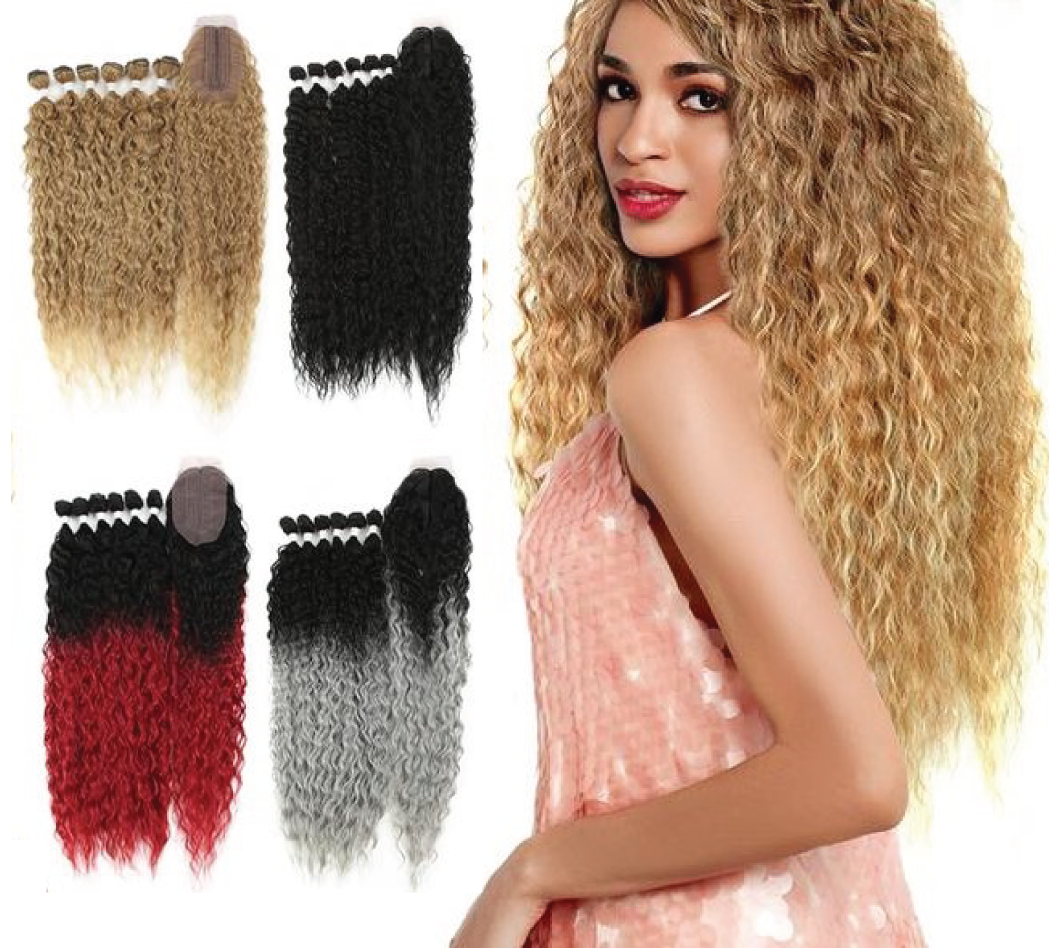 Dubpot Afro Kinky Curly Hair Bundles Extensions With Closure Ombre Golden 30inch Soft Super Long Hair Synthetic Wave Hair
